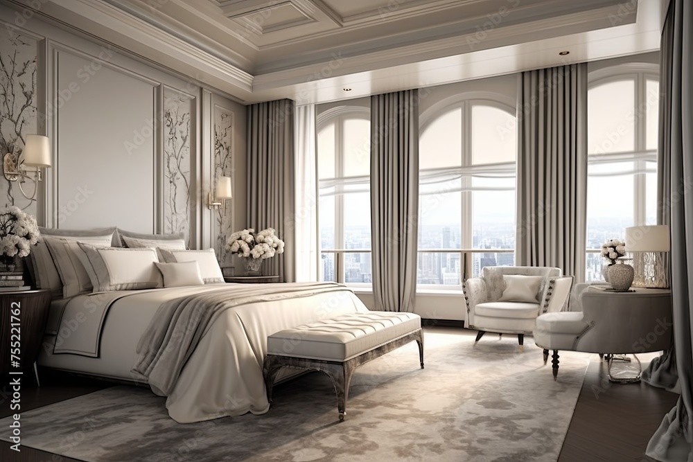 Grandeur Elegance: Luxurious Penthouse Bedroom Decor with Floor-to-Ceiling Curtains - obrazy, fototapety, plakaty 