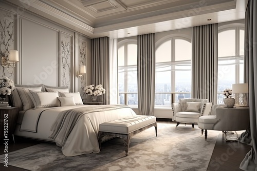 Grandeur Elegance: Luxurious Penthouse Bedroom Decor with Floor-to-Ceiling Curtains