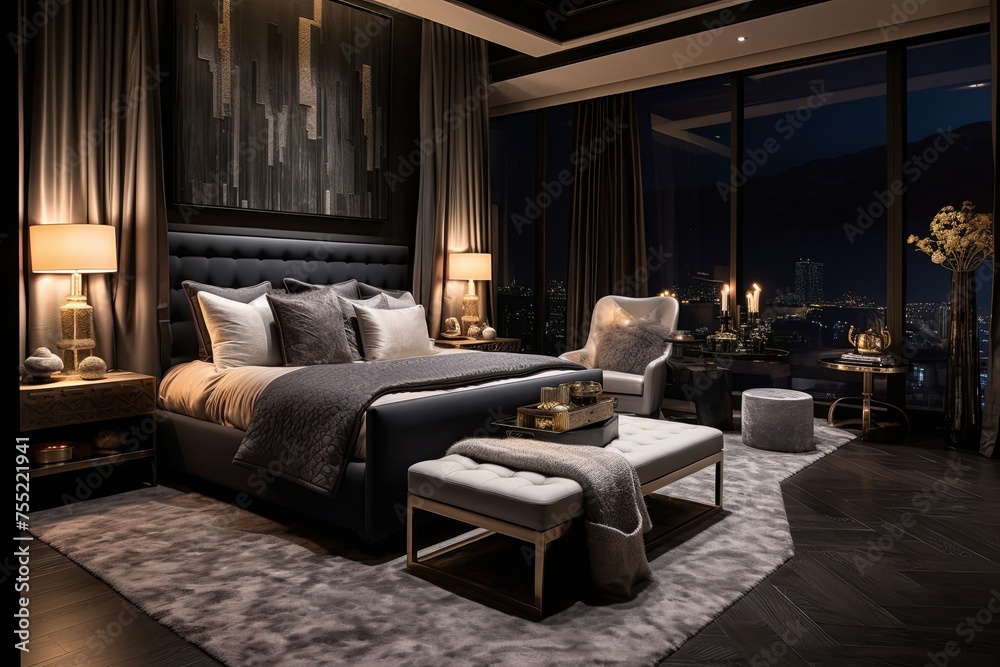 Opulent Textures: Luxurious Penthouse Bedroom Decor with Rich Layered Fabrics