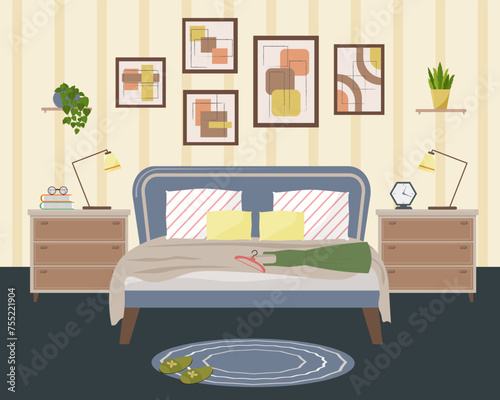 Bedroom room interior with furniture. Bed and bedside tables, table lamps, paintings and shelves on the wall, carpet and slippers. There is clothing on the bed - a dress. Vector. Flat style