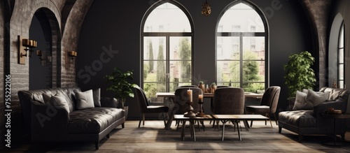 A dark living room filled with furniture  including a sofa  armchairs  coffee table  archways  and a dining area with a table and chairs. The room is illuminated by a panoramic window 