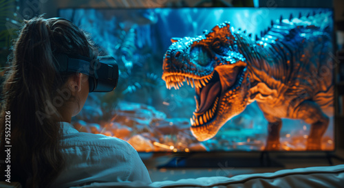 girl in salon watching movie with dinosaur at the vr glasses, amazing view and new technology © maciej