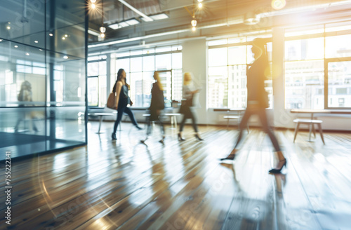 blurred photo of people in hall, walking peopple in office corridor, glass building and blurred stop motion walking people photo