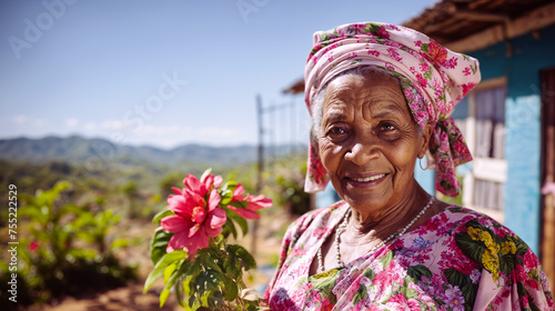 A radiant elderly woman with a colorful floral headwrap smiles warmly in front of a tropical landscape, symbolizing grace and vitality in later years - Generative AI photo