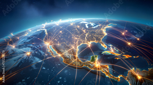 A bird s eye view of North America  with a network of glowing lines connecting major cities  with details of the lines  intricate patterns  the cities  bright lights.