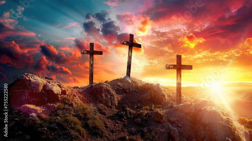 Three crosses on a hill with a dramatic sunset in the background casting a vibrant glow over the rocky landscape