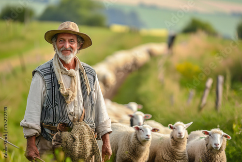 Sheep herder, old man farmer and a row of animals in herd with farm fields by copy space