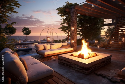 Mediterranean Seafront Balcony Bliss: Fire Pit Magic for Cozy Evenings