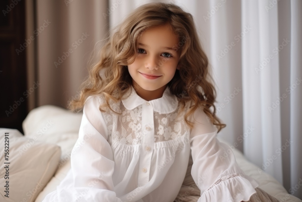 Portrait of a beautiful little girl with long curly hair sitting on the bed Portrait of a beautiful little girl with long curly hair sitting on the bed