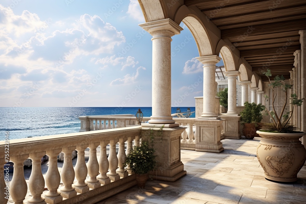 Fototapeta premium Mediterranean Seafront Balcony: Stone-Adorned Textured Details Concept