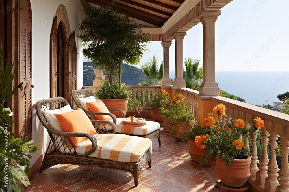 Fototapeta premium Terracotta Charm: Mediterranean Seafront Balcony Concepts with Rustic Tiles