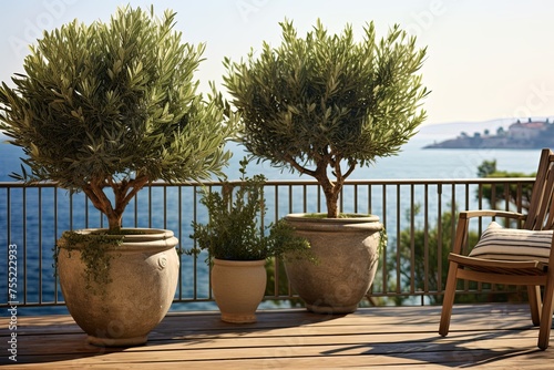 Potted Olive Trees Adorning Mediterranean Seafront Balcony Overlooking Lush Greenery