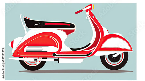 Illustration of a vintage red and white scooter against a teal blue background side profile view