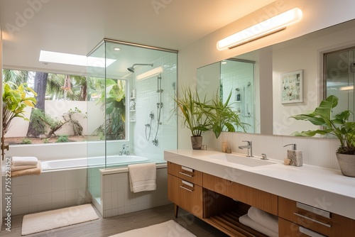 Privacy Retreat: Mid-Century Modern Bathroom Oasis with Frosted Glass Shower