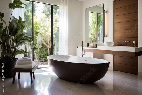 Freestanding Bathtub Elegance  Mid-Century Modern Bathroom Oasis