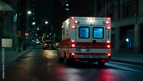 A emergency ambulance car driving with flashing red lights on through the wide city street at night