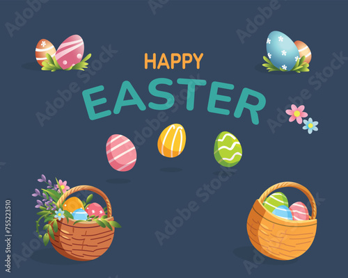 Set of cute colorful easter elements on a dark background. Eggs basket flowers gift