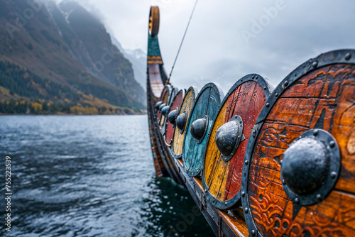 Viking longship with shields on the water, copyspace
