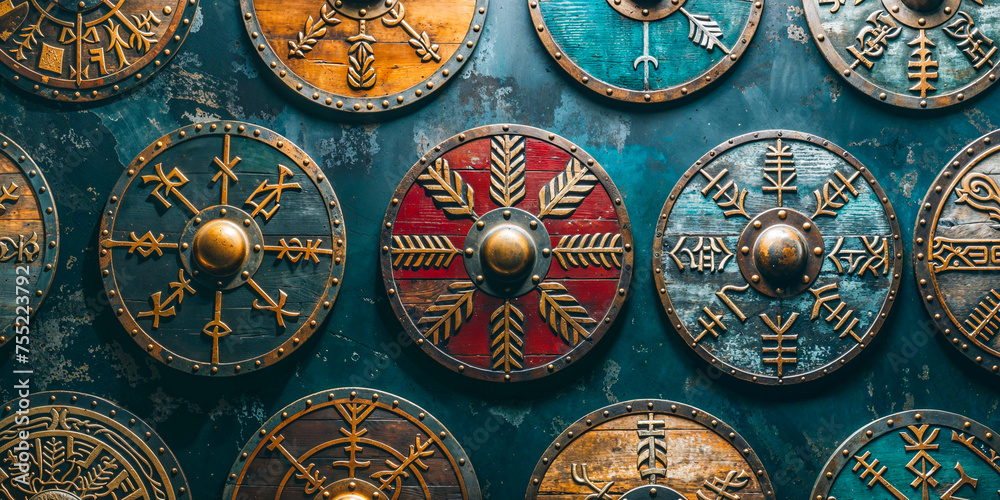 Viking shields background, wide banner Viking shields background, wide banner