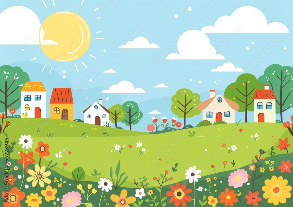A simple cartoon illustration of a spring landscape with houses, trees, and flowers in the meadow, with a white background, blue sky, and clouds Generative AI