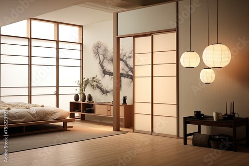 Japanese Minimalist Bedroom Decor: Rice Paper Partitions and Light Diffusion Harmony