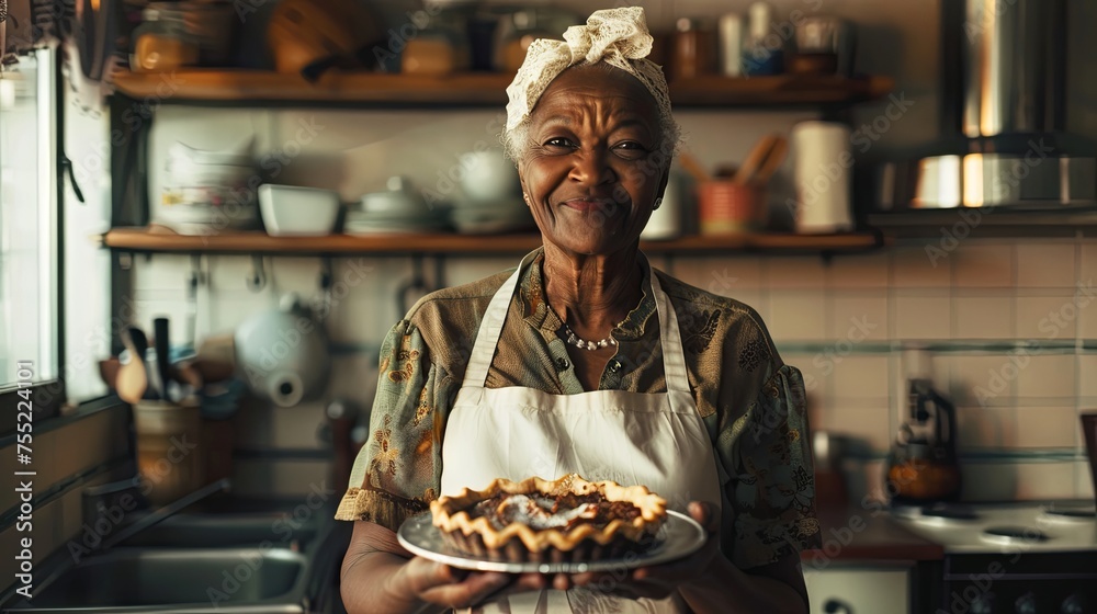 Grandmother holding baked sweet pie wallpaper background - obrazy, fototapety, plakaty 