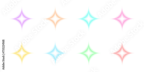 Colorful star sparkle shapes in blurry style isolated on white background. Trendy y2k stickers with trendy gradient aura effect. Vector illustration.