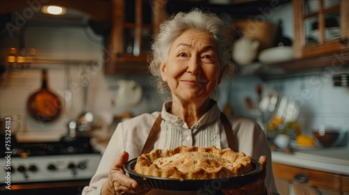 Grandmother holding baked sweet pie wallpaper background