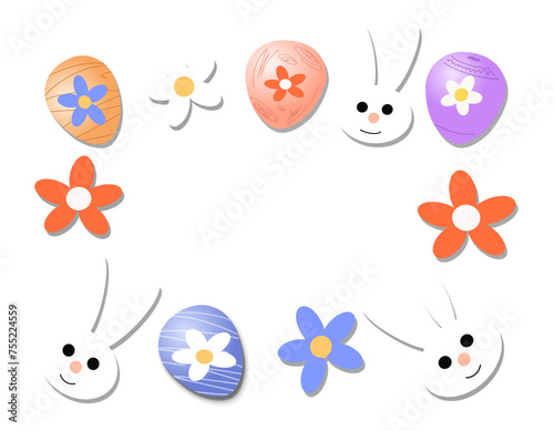 Fototapeta Naklejka Na Ścianę i Meble -  Fame with Easter symbols (eggs, flowers and bunnies) on a transparent background.