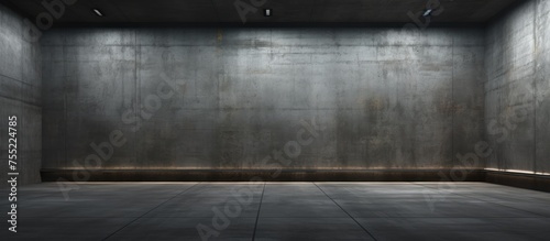 An empty room with dark concrete walls and floor  devoid of any furniture or decorations. The room exudes a sense of desolation and neglect  with harsh lighting enhancing the stark industrial look.