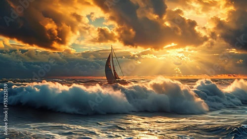 Sailing concept with boat and lake water storm weather photo