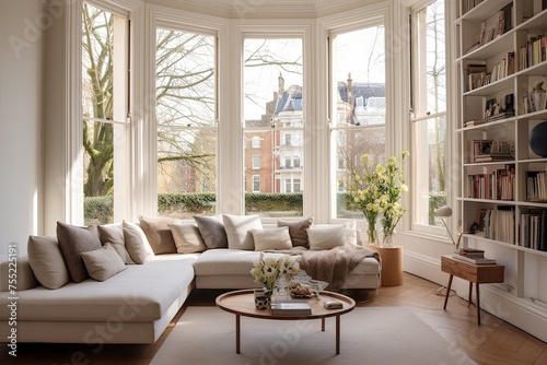 Bay Window Delight: Modern Victorian Living Room Decor with Abundant Natural Light © Michael