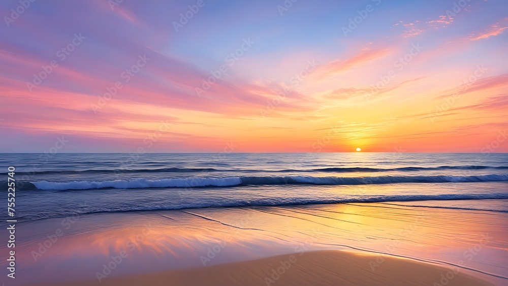 ranquil sunset with pastel skies reflecting on the ocean's surface and gentle waves lapping the shore.