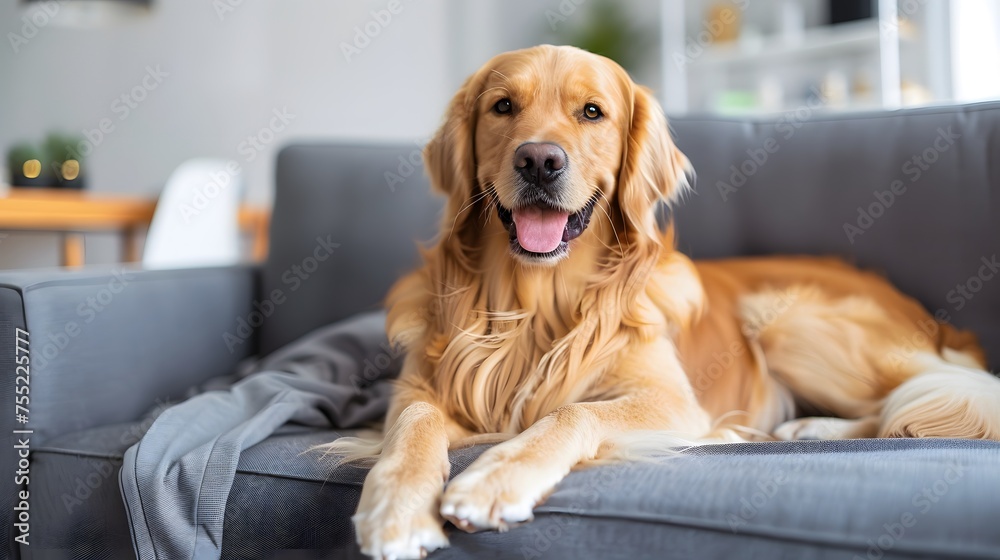 happy golden retriever dog is lying on a cozy sofa in a modern living room
happy golden retriever dog is lying on a cozy sofa in a modern living room
