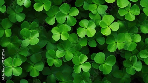 Vibrant Field of Lush Green Four-Leaf Clovers Glistening in the Sunlight