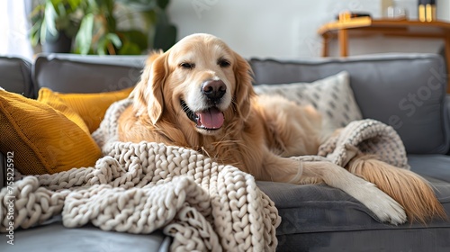 happy golden retriever dog is lying on a cozy sofa in a modern living room happy golden retriever dog is lying on a cozy sofa in a modern living room 