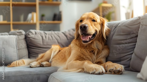 happy golden retriever dog is lying on a cozy sofa in a modern living room happy golden retriever dog is lying on a cozy sofa in a modern living room 