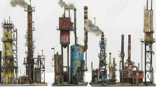 Model industrial complex with detailed miniature smokestacks silos and towers emitting smoke against a white background