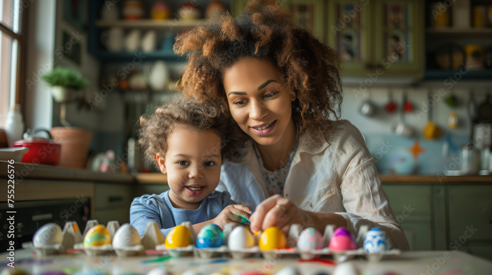 parent and child playing with Easter eggs, Easter Family traditions. Loving ethnic young mother teaching happy little kid soon to dye and decorate eggs with paints for Easter holidays parent and child playing with Easter eggs, Easter Family traditions. Loving ethnic young mother teaching happy little kid soon to dye and decorate eggs with paints for Easter holidays