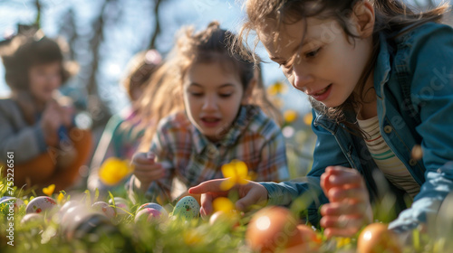 Happy caucasian family with Kids on an Easter egg hunt in a blooming spring garden. Children searching for colorful eggs in flower meadow, family together at Easter holiday