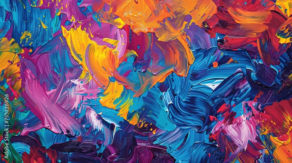 Dive into the world of abstract expression with a composition that bursts with life through vibrant, bold patterns. Choose a diverse color palette to convey a sense of diversity and energy. 