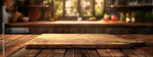 A hardwood plank table with a varnished cutting board, made from natural wood in a kitchen. The wooden flooring complements the plantfilled house photo