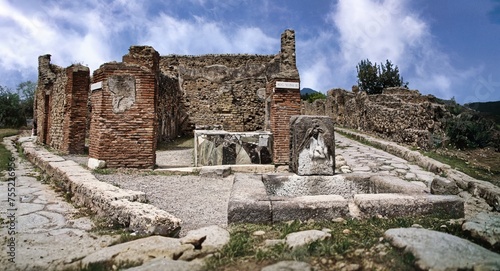 Some beautiful, perfectly preserved houses of the ancient city of Pompeii (Naples, Italy) destroyed by the eruption of Vesuvius in 79 BC