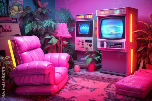 Neon Nostalgia: 80s Arcade Living Room Dreams with Vintage Consoles photo