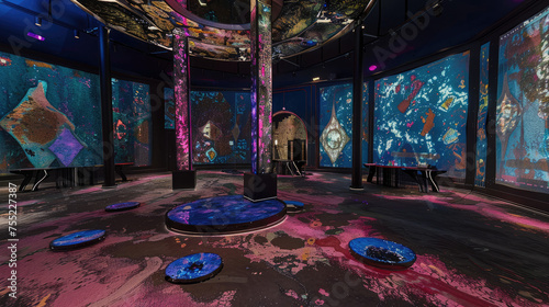A vibrant digital art exhibition with interactive displays colorful projections and immersive installations in a dark room