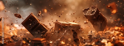 A macro photography capturing the intense moment of a chocolate bar exploding in a fire. This event combines science, entertainment, and history in a closeup shot photo