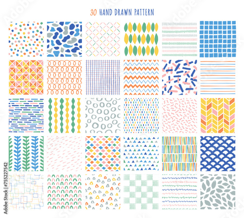 カラフルな手描きの幾何学模様のシームレスパターンコレクション