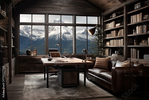 Wooden Desk Cabin Vibes: Rugged Mountain Study Room Ideas with Mountainous Decor © Michael