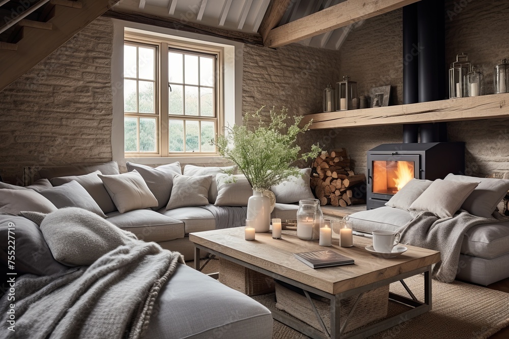 Fototapeta premium Farmhouse Comfort: Rustic Barn Conversion Living Room Decor with Cozy Cushions