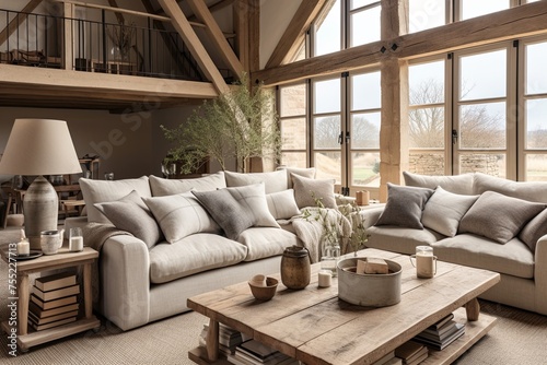 Rustic Barn Conversion Living Room Decor with Farmhouse Touches and Comfy Cushions